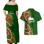 South Sydney Rabbitohs Couples Matching Off Shoulder Maxi Dress and Hawaiian Shirt Polynesian Tribal Tattoo Pacific Sport Art