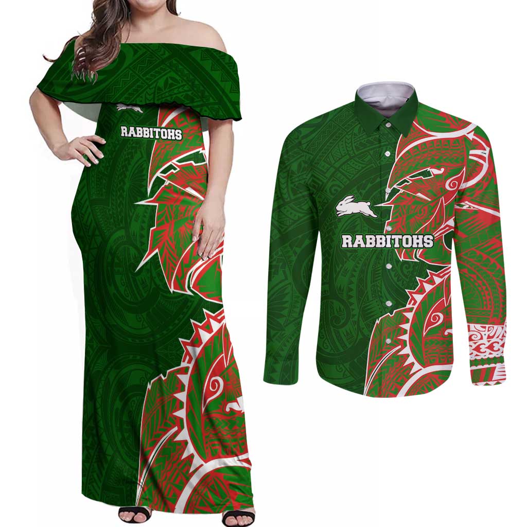 South Sydney Rabbitohs Couples Matching Off Shoulder Maxi Dress and Long Sleeve Button Shirt Polynesian Tribal Tattoo Pacific Sport Art