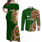 South Sydney Rabbitohs Couples Matching Off Shoulder Maxi Dress and Long Sleeve Button Shirt Polynesian Tribal Tattoo Pacific Sport Art