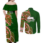 South Sydney Rabbitohs Couples Matching Off Shoulder Maxi Dress and Long Sleeve Button Shirt Polynesian Tribal Tattoo Pacific Sport Art
