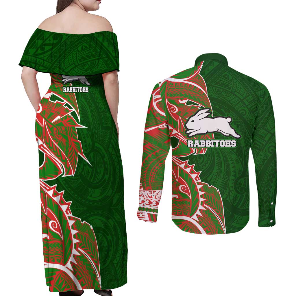 South Sydney Rabbitohs Couples Matching Off Shoulder Maxi Dress and Long Sleeve Button Shirt Polynesian Tribal Tattoo Pacific Sport Art