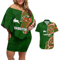 South Sydney Rabbitohs Couples Matching Off Shoulder Short Dress and Hawaiian Shirt Polynesian Tribal Tattoo Pacific Sport Art