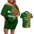 South Sydney Rabbitohs Couples Matching Off Shoulder Short Dress and Hawaiian Shirt Polynesian Tribal Tattoo Pacific Sport Art