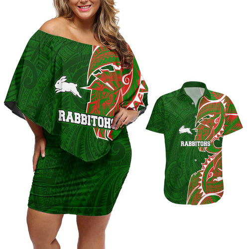 South Sydney Rabbitohs Couples Matching Off Shoulder Short Dress and Hawaiian Shirt Polynesian Tribal Tattoo Pacific Sport Art
