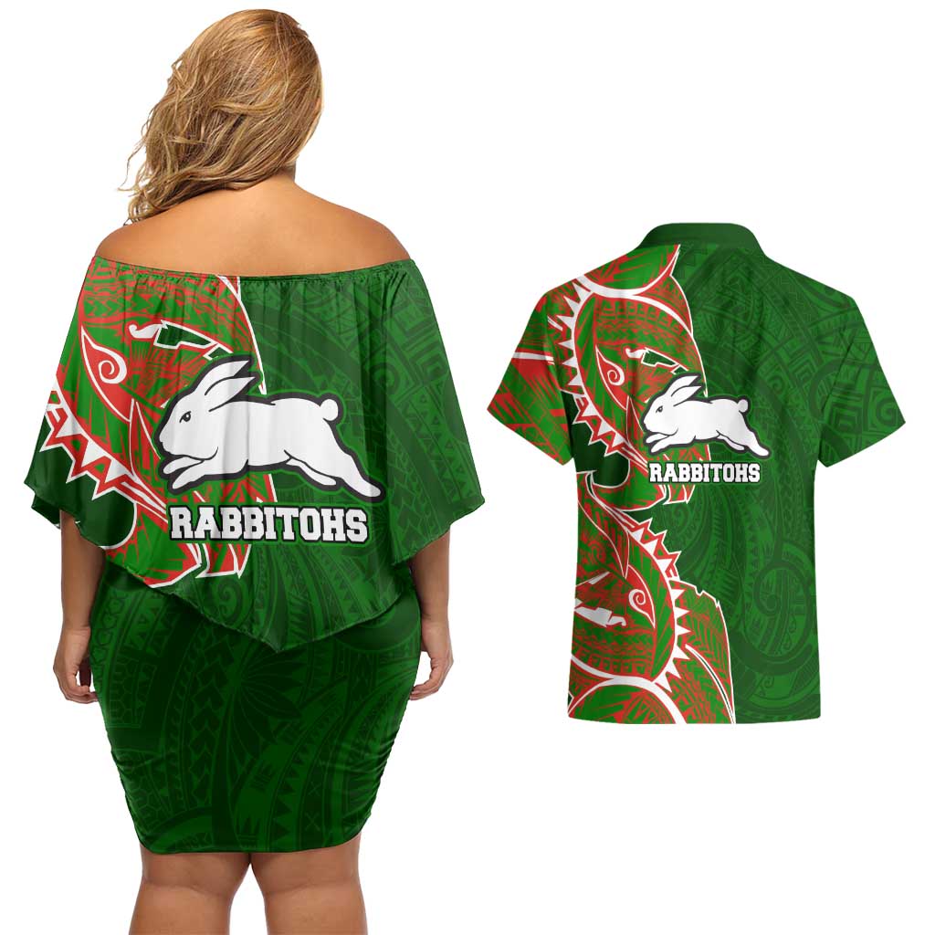 South Sydney Rabbitohs Couples Matching Off Shoulder Short Dress and Hawaiian Shirt Polynesian Tribal Tattoo Pacific Sport Art
