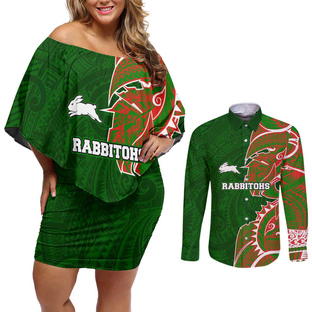 South Sydney Rabbitohs Couples Matching Off Shoulder Short Dress and Long Sleeve Button Shirt Polynesian Tribal Tattoo Pacific Sport Art