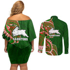 South Sydney Rabbitohs Couples Matching Off Shoulder Short Dress and Long Sleeve Button Shirt Polynesian Tribal Tattoo Pacific Sport Art