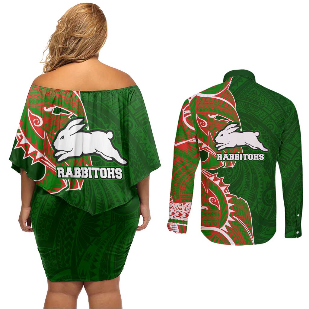 South Sydney Rabbitohs Couples Matching Off Shoulder Short Dress and Long Sleeve Button Shirt Polynesian Tribal Tattoo Pacific Sport Art
