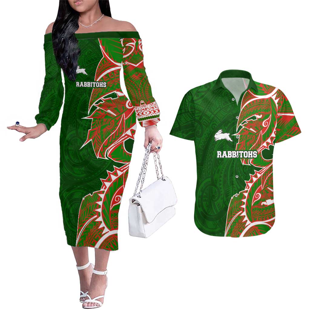 South Sydney Rabbitohs Couples Matching Off The Shoulder Long Sleeve Dress and Hawaiian Shirt Polynesian Tribal Tattoo Pacific Sport Art