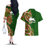 South Sydney Rabbitohs Couples Matching Off The Shoulder Long Sleeve Dress and Hawaiian Shirt Polynesian Tribal Tattoo Pacific Sport Art
