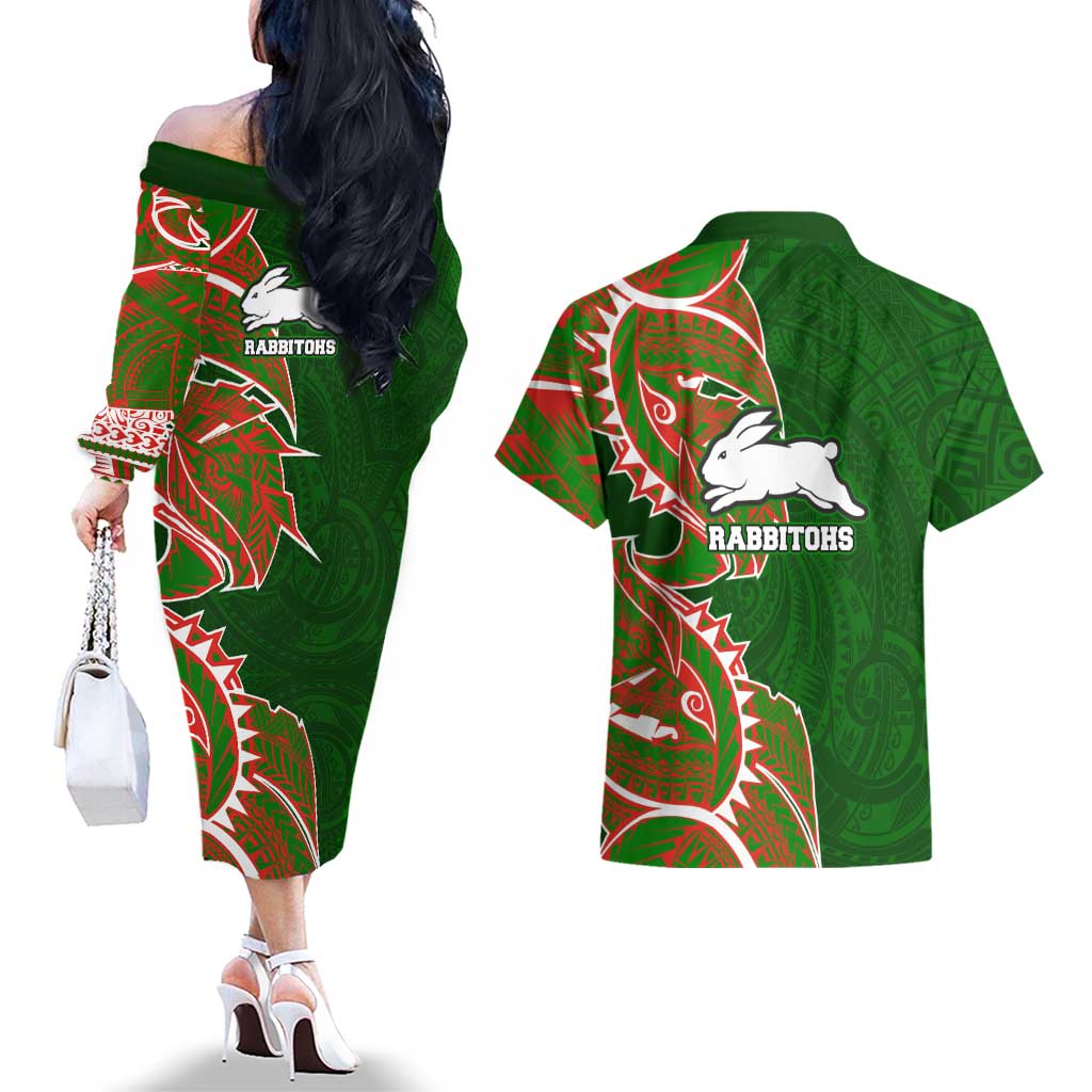 South Sydney Rabbitohs Couples Matching Off The Shoulder Long Sleeve Dress and Hawaiian Shirt Polynesian Tribal Tattoo Pacific Sport Art