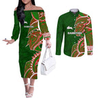 South Sydney Rabbitohs Couples Matching Off The Shoulder Long Sleeve Dress and Long Sleeve Button Shirt Polynesian Tribal Tattoo Pacific Sport Art