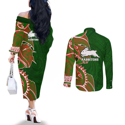 South Sydney Rabbitohs Couples Matching Off The Shoulder Long Sleeve Dress and Long Sleeve Button Shirt Polynesian Tribal Tattoo Pacific Sport Art