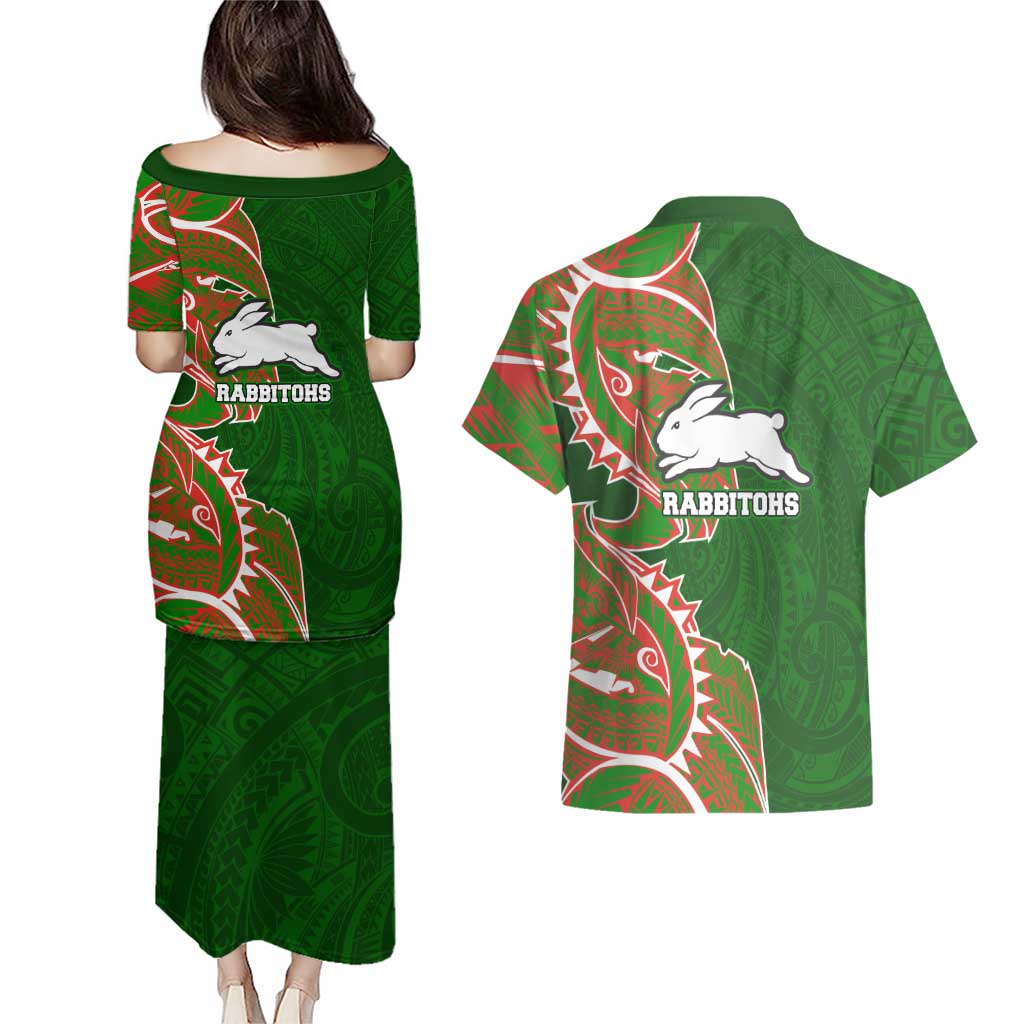 South Sydney Rabbitohs Couples Matching Puletasi and Hawaiian Shirt Polynesian Tribal Tattoo Pacific Sport Art