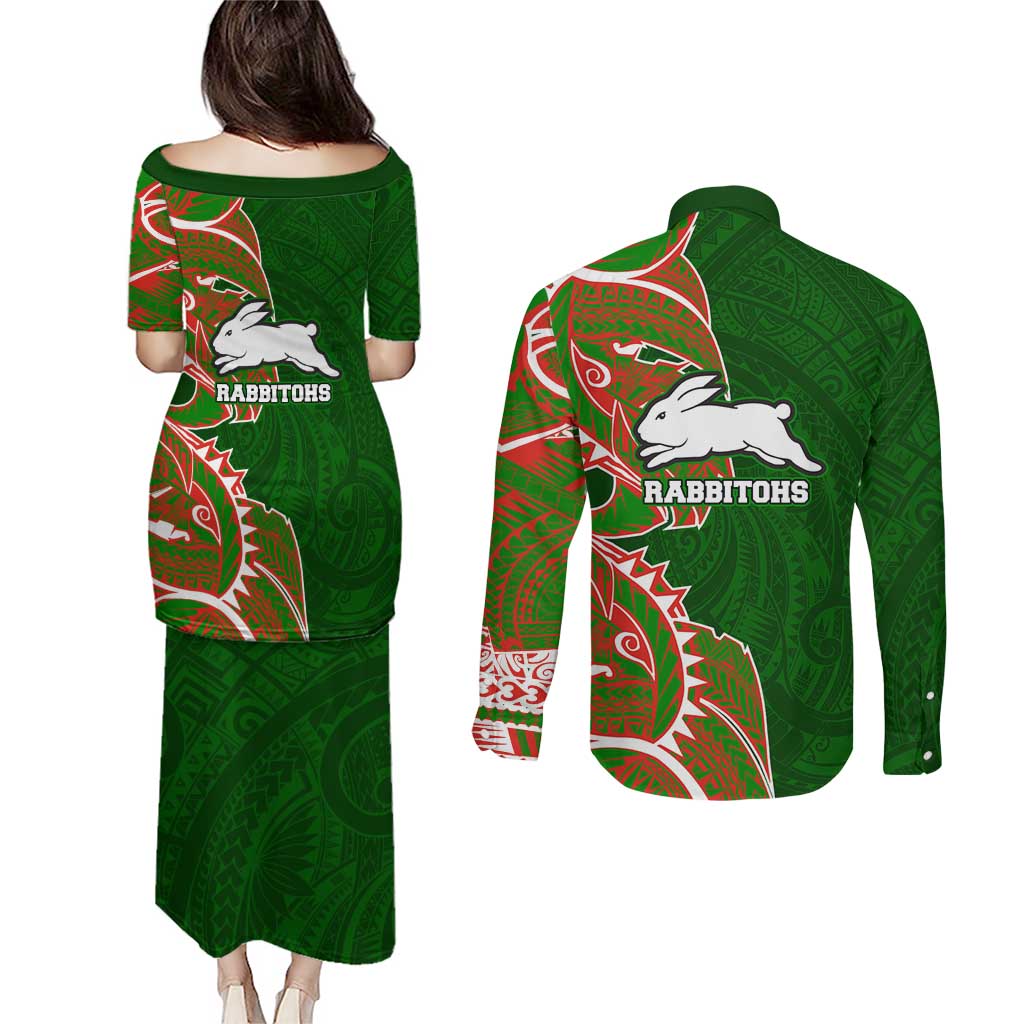 South Sydney Rabbitohs Couples Matching Puletasi and Long Sleeve Button Shirt Polynesian Tribal Tattoo Pacific Sport Art
