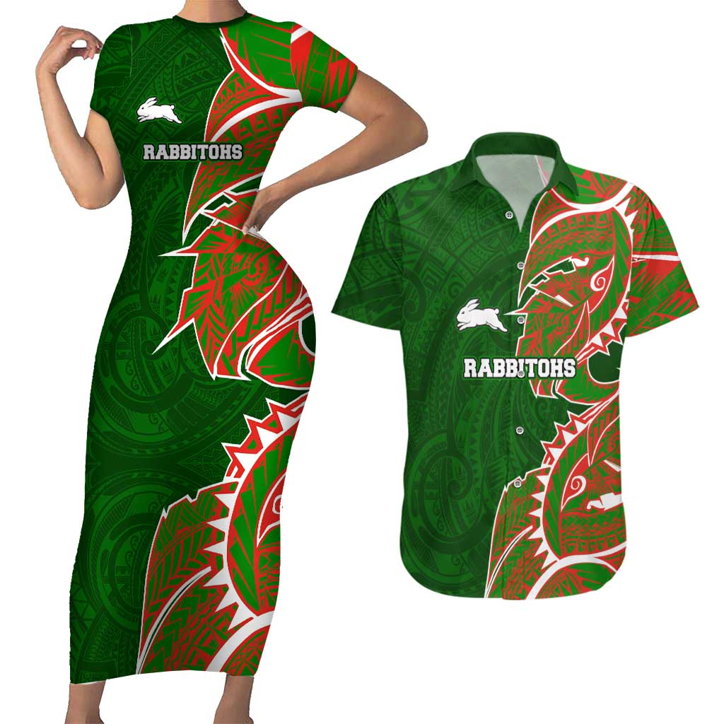 South Sydney Rabbitohs Couples Matching Short Sleeve Bodycon Dress and Hawaiian Shirt Polynesian Tribal Tattoo Pacific Sport Art