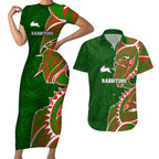 South Sydney Rabbitohs Couples Matching Short Sleeve Bodycon Dress and Hawaiian Shirt Polynesian Tribal Tattoo Pacific Sport Art