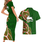 South Sydney Rabbitohs Couples Matching Short Sleeve Bodycon Dress and Hawaiian Shirt Polynesian Tribal Tattoo Pacific Sport Art