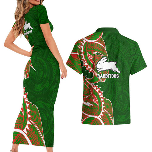 South Sydney Rabbitohs Couples Matching Short Sleeve Bodycon Dress and Hawaiian Shirt Polynesian Tribal Tattoo Pacific Sport Art
