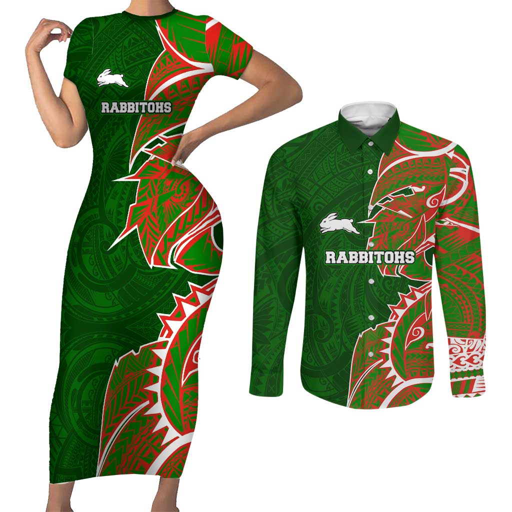 South Sydney Rabbitohs Couples Matching Short Sleeve Bodycon Dress and Long Sleeve Button Shirt Polynesian Tribal Tattoo Pacific Sport Art