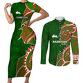 South Sydney Rabbitohs Couples Matching Short Sleeve Bodycon Dress and Long Sleeve Button Shirt Polynesian Tribal Tattoo Pacific Sport Art