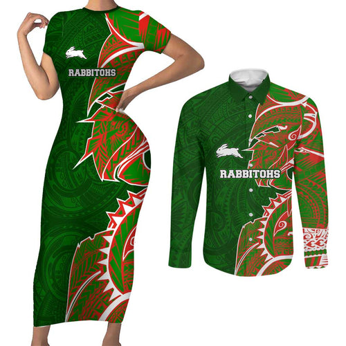 South Sydney Rabbitohs Couples Matching Short Sleeve Bodycon Dress and Long Sleeve Button Shirt Polynesian Tribal Tattoo Pacific Sport Art