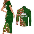 South Sydney Rabbitohs Couples Matching Short Sleeve Bodycon Dress and Long Sleeve Button Shirt Polynesian Tribal Tattoo Pacific Sport Art