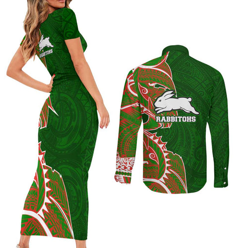 South Sydney Rabbitohs Couples Matching Short Sleeve Bodycon Dress and Long Sleeve Button Shirt Polynesian Tribal Tattoo Pacific Sport Art
