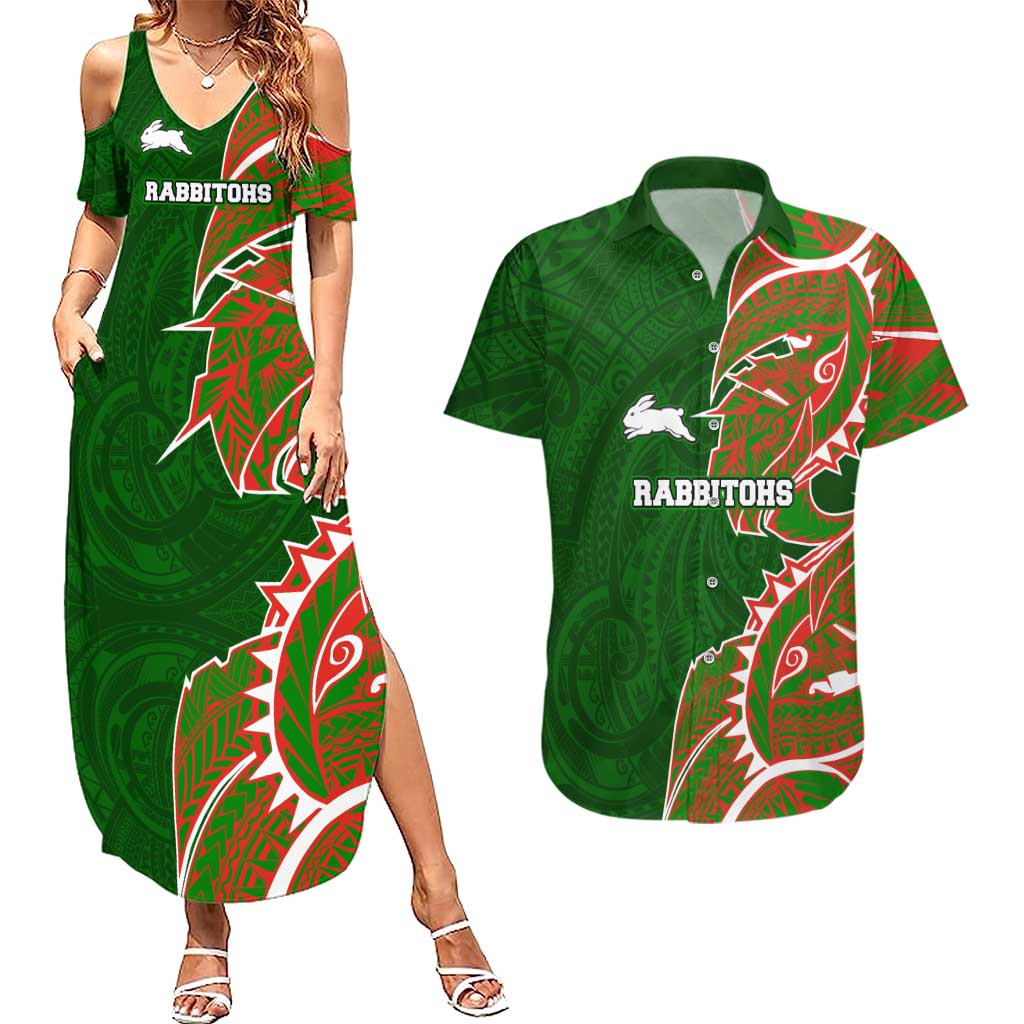 South Sydney Rabbitohs Couples Matching Summer Maxi Dress and Hawaiian Shirt Polynesian Tribal Tattoo Pacific Sport Art