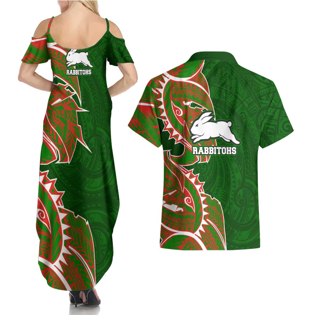 South Sydney Rabbitohs Couples Matching Summer Maxi Dress and Hawaiian Shirt Polynesian Tribal Tattoo Pacific Sport Art