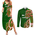 South Sydney Rabbitohs Couples Matching Summer Maxi Dress and Long Sleeve Button Shirt Polynesian Tribal Tattoo Pacific Sport Art