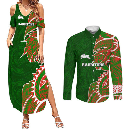 South Sydney Rabbitohs Couples Matching Summer Maxi Dress and Long Sleeve Button Shirt Polynesian Tribal Tattoo Pacific Sport Art