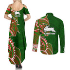 South Sydney Rabbitohs Couples Matching Summer Maxi Dress and Long Sleeve Button Shirt Polynesian Tribal Tattoo Pacific Sport Art