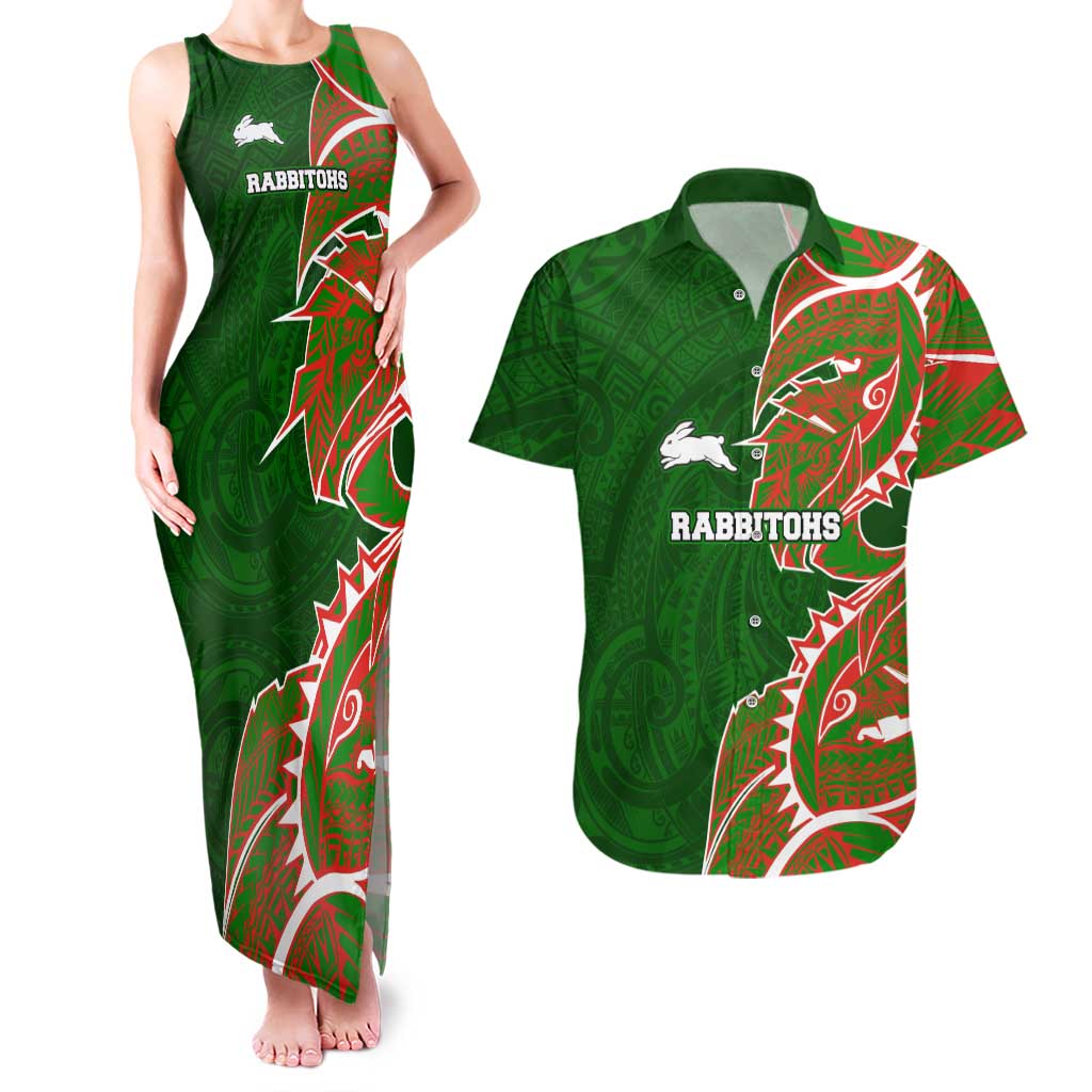 South Sydney Rabbitohs Couples Matching Tank Maxi Dress and Hawaiian Shirt Polynesian Tribal Tattoo Pacific Sport Art