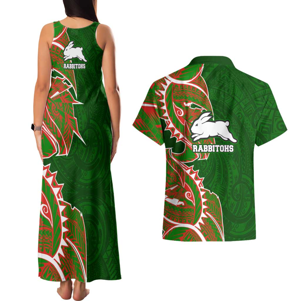 South Sydney Rabbitohs Couples Matching Tank Maxi Dress and Hawaiian Shirt Polynesian Tribal Tattoo Pacific Sport Art