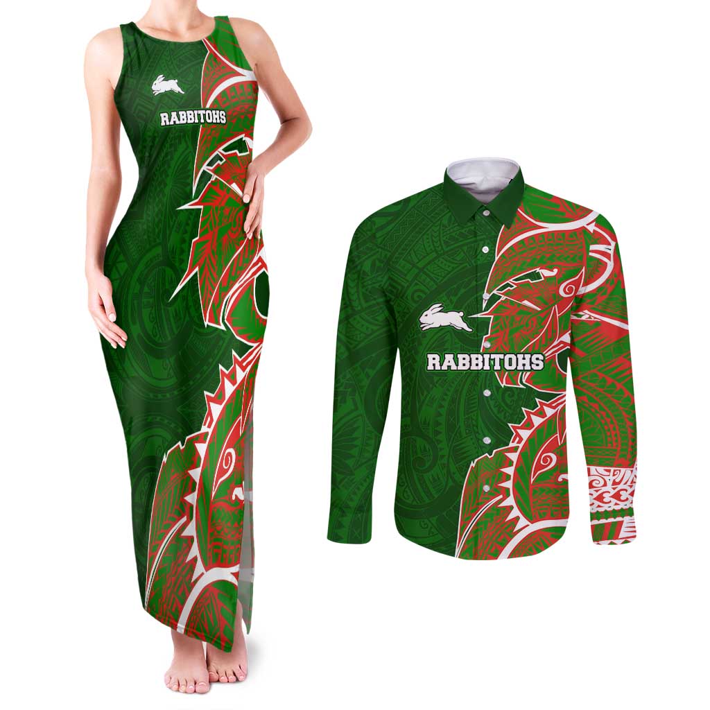 South Sydney Rabbitohs Couples Matching Tank Maxi Dress and Long Sleeve Button Shirt Polynesian Tribal Tattoo Pacific Sport Art