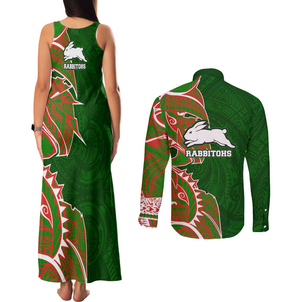 South Sydney Rabbitohs Couples Matching Tank Maxi Dress and Long Sleeve Button Shirt Polynesian Tribal Tattoo Pacific Sport Art
