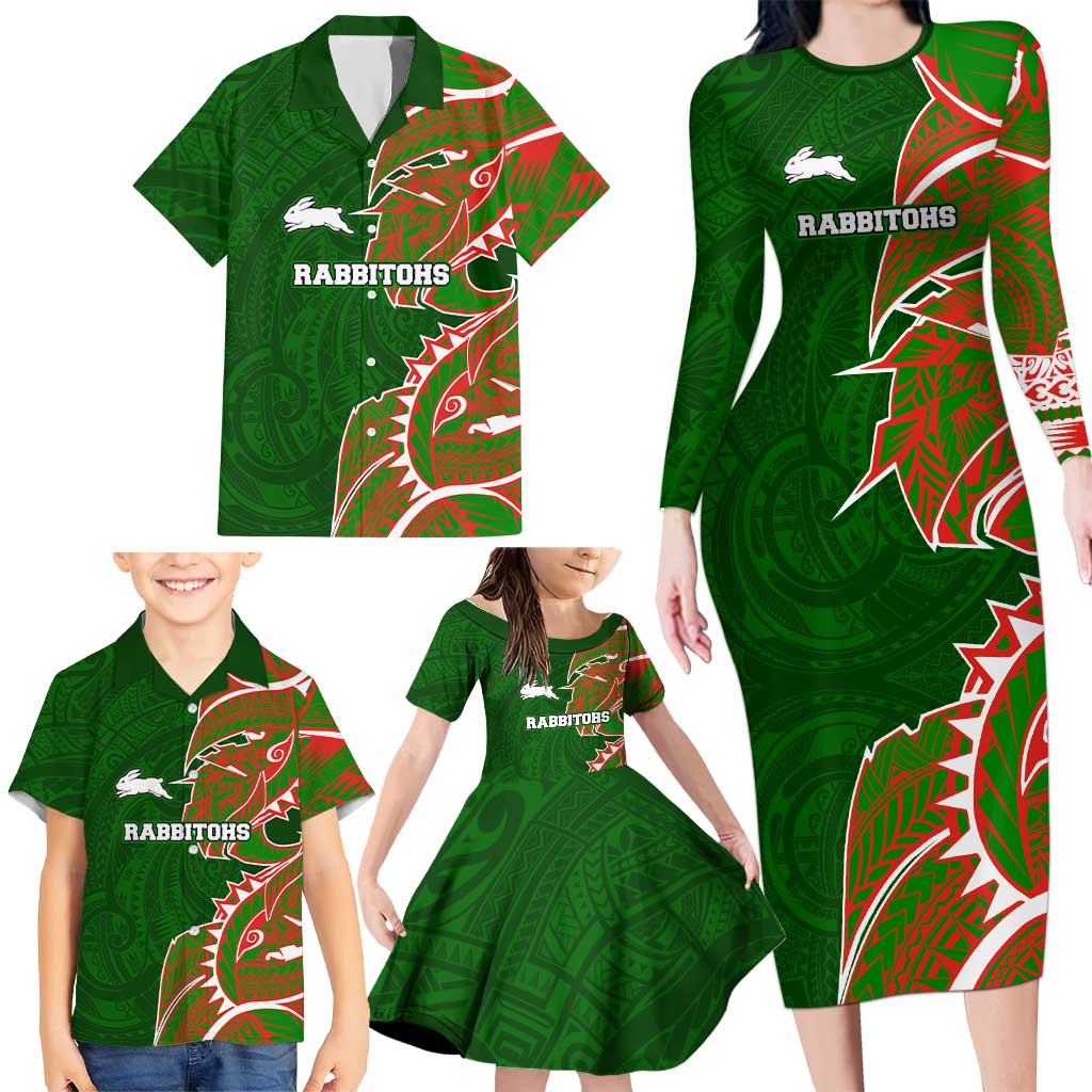 South Sydney Rabbitohs Family Matching Long Sleeve Bodycon Dress and Hawaiian Shirt Polynesian Tribal Tattoo Pacific Sport Art