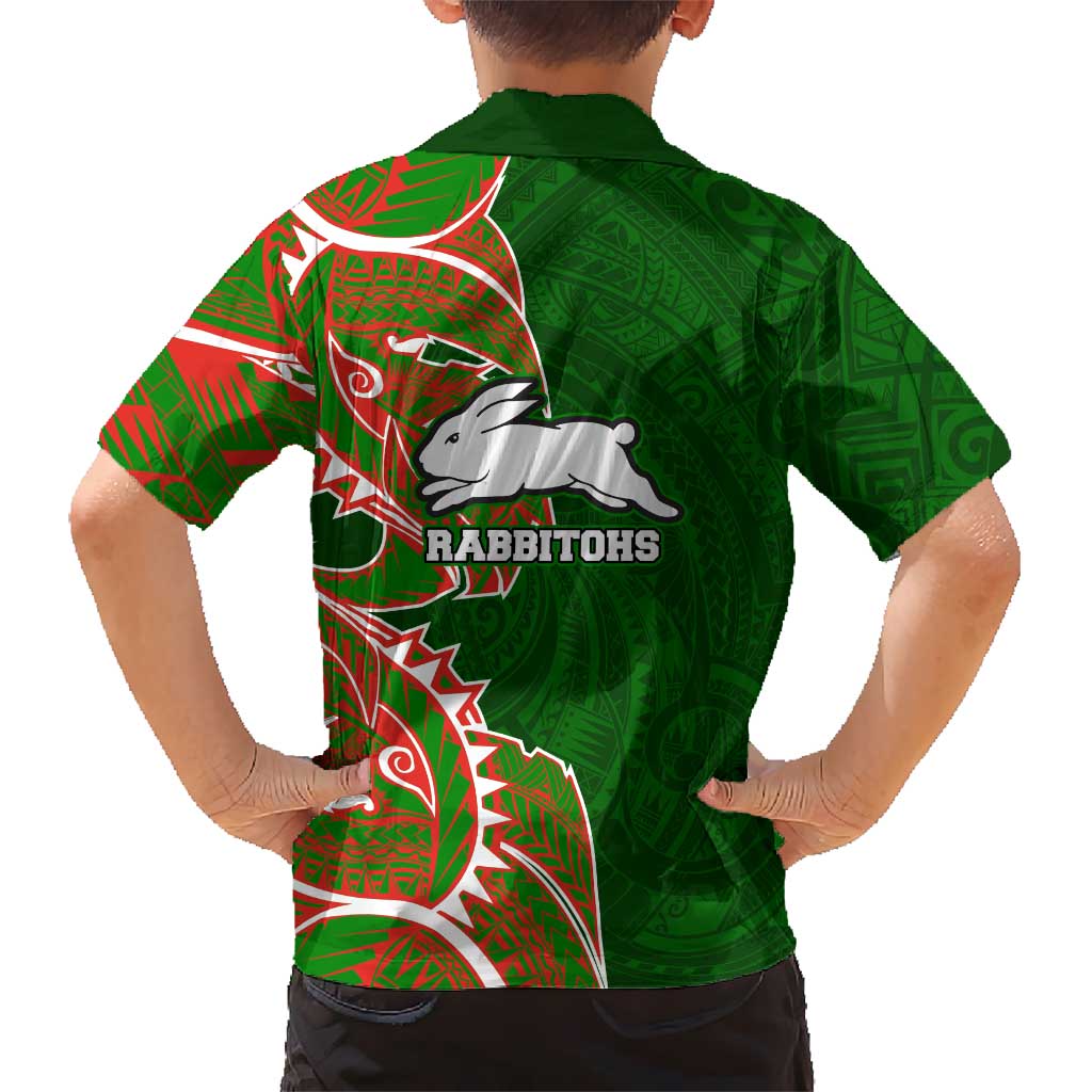 South Sydney Rabbitohs Family Matching Long Sleeve Bodycon Dress and Hawaiian Shirt Polynesian Tribal Tattoo Pacific Sport Art