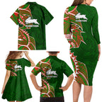 South Sydney Rabbitohs Family Matching Long Sleeve Bodycon Dress and Hawaiian Shirt Polynesian Tribal Tattoo Pacific Sport Art