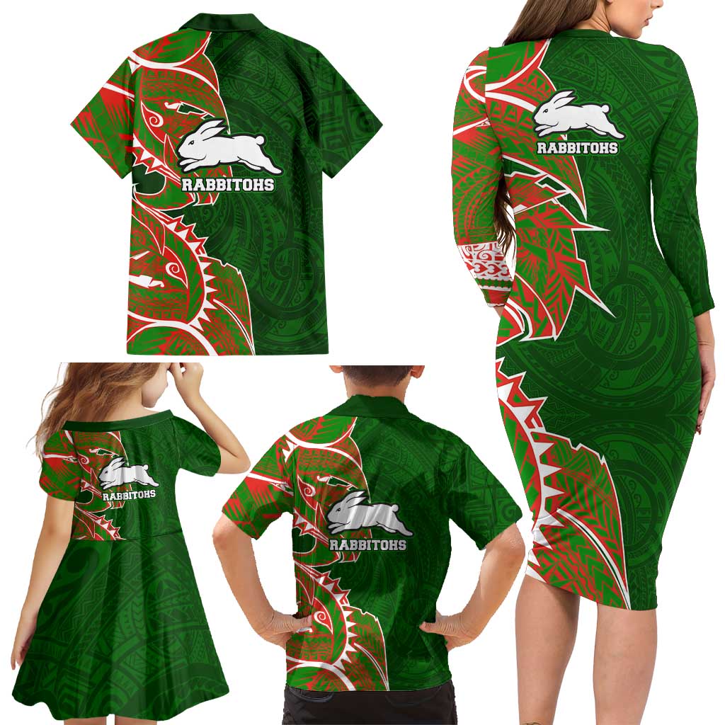 South Sydney Rabbitohs Family Matching Long Sleeve Bodycon Dress and Hawaiian Shirt Polynesian Tribal Tattoo Pacific Sport Art