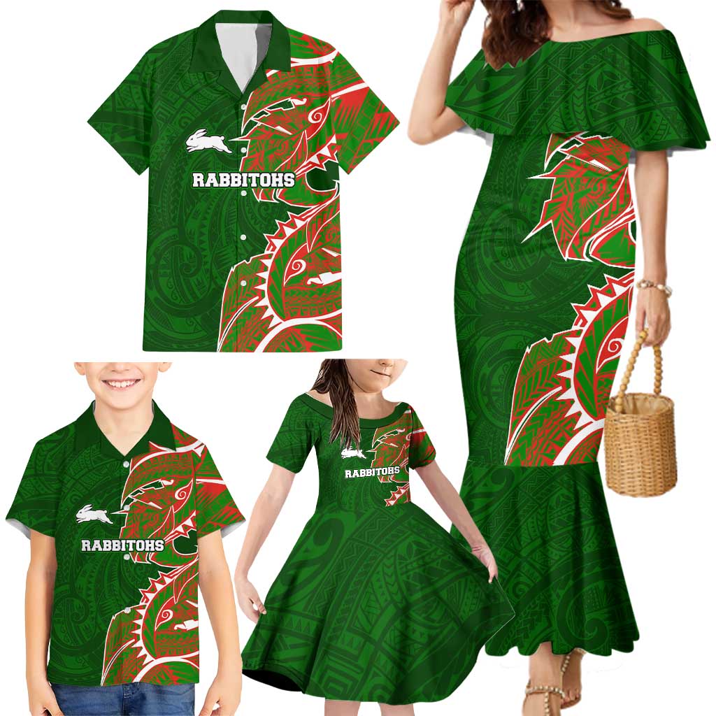 South Sydney Rabbitohs Family Matching Mermaid Dress and Hawaiian Shirt Polynesian Tribal Tattoo Pacific Sport Art