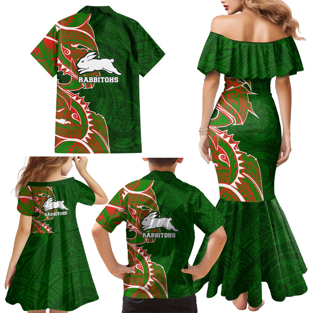 South Sydney Rabbitohs Family Matching Mermaid Dress and Hawaiian Shirt Polynesian Tribal Tattoo Pacific Sport Art
