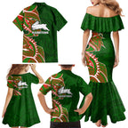 South Sydney Rabbitohs Family Matching Mermaid Dress and Hawaiian Shirt Polynesian Tribal Tattoo Pacific Sport Art