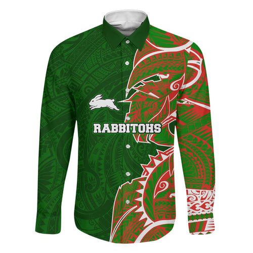 South Sydney Rabbitohs Family Matching Mermaid Dress and Hawaiian Shirt Polynesian Tribal Tattoo Pacific Sport Art