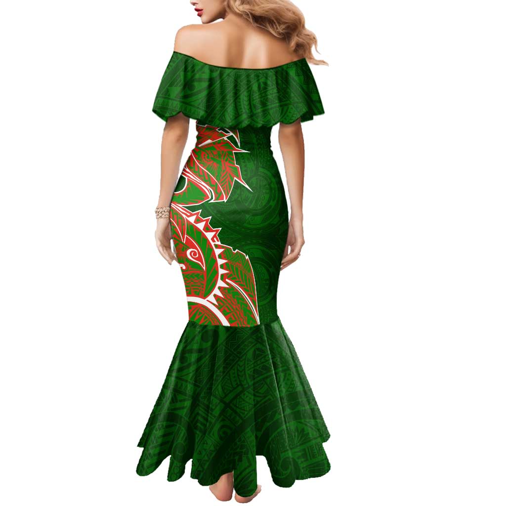 South Sydney Rabbitohs Family Matching Mermaid Dress and Hawaiian Shirt Polynesian Tribal Tattoo Pacific Sport Art