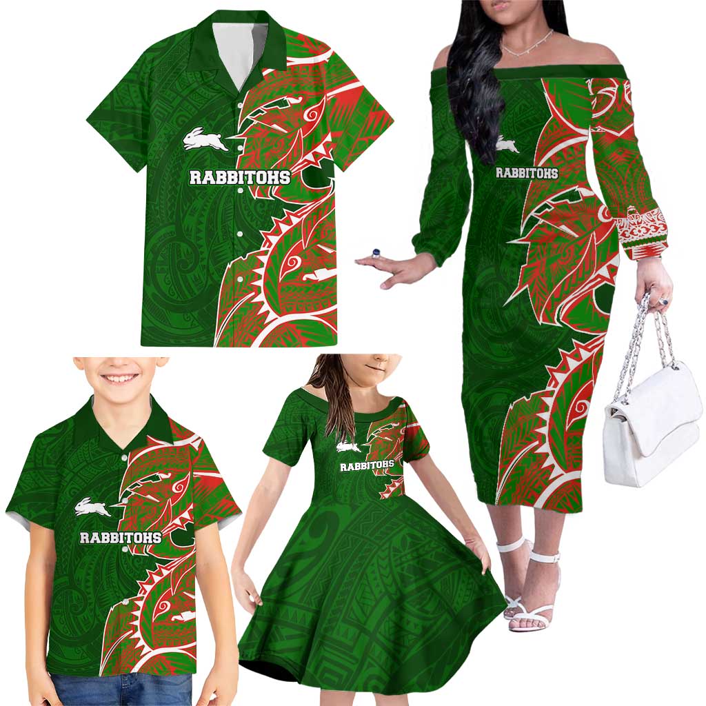 South Sydney Rabbitohs Family Matching Off The Shoulder Long Sleeve Dress and Hawaiian Shirt Polynesian Tribal Tattoo Pacific Sport Art