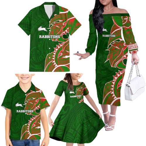 South Sydney Rabbitohs Family Matching Off The Shoulder Long Sleeve Dress and Hawaiian Shirt Polynesian Tribal Tattoo Pacific Sport Art