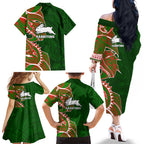 South Sydney Rabbitohs Family Matching Off The Shoulder Long Sleeve Dress and Hawaiian Shirt Polynesian Tribal Tattoo Pacific Sport Art
