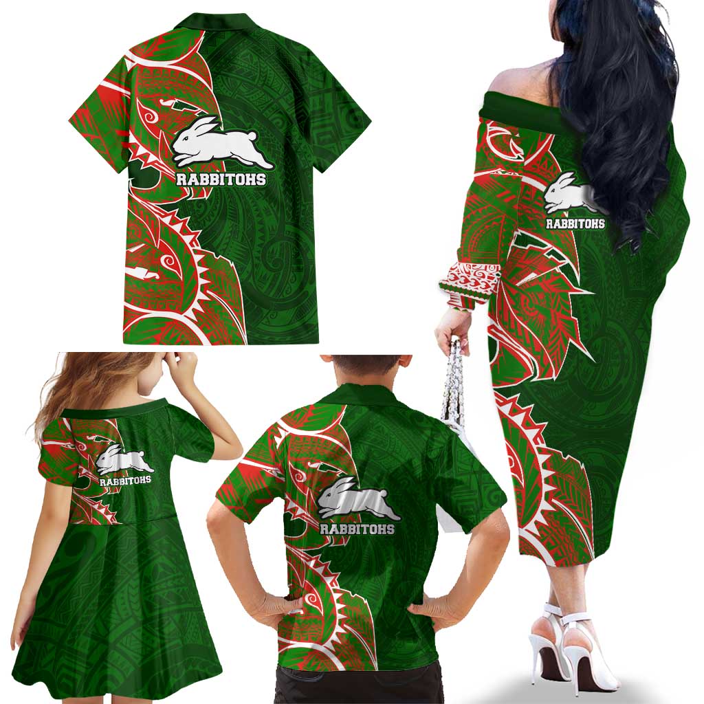 South Sydney Rabbitohs Family Matching Off The Shoulder Long Sleeve Dress and Hawaiian Shirt Polynesian Tribal Tattoo Pacific Sport Art